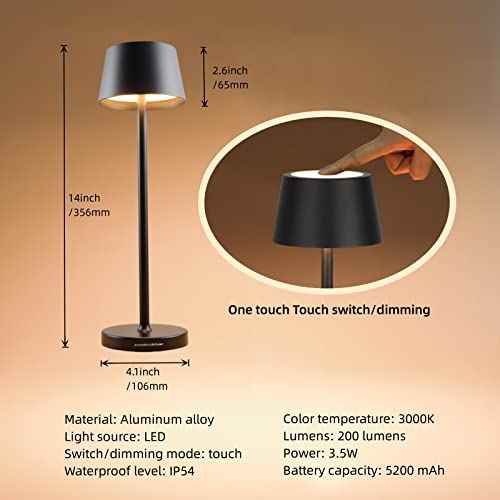 Cordless Table Lamps Set of 2,with Touch Dimming and IP54 Waterproof Function Desk Lamp,Suitable for Indoor and Patio Lighting Black 2 Pcs