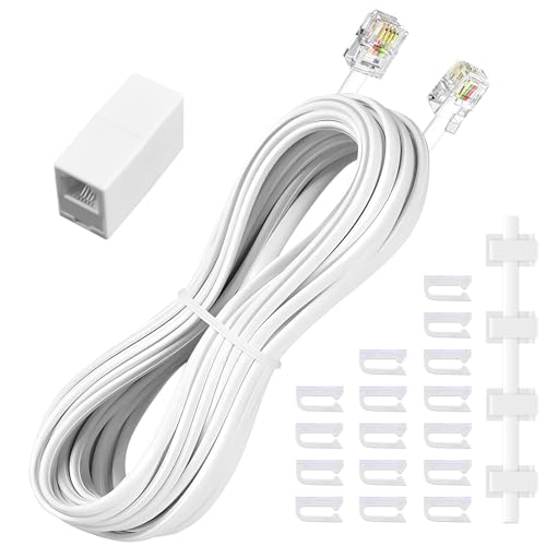 Phone extension Cord 25 Ft, Telephone Cable with Standard RJ11 Plug and 1 in-Line Couplers and 20 Cable Clip Holders, White
