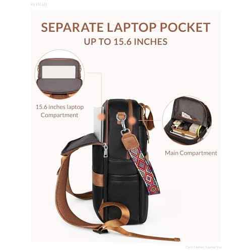 Leather Laptop Backpack 15.6 Inch Womens Laptop Bag, 3 IN 1 Computer Bag Handbag with Colorful Shoulder Bag Strap for Work Travel College Black Brown