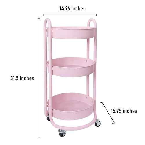 HOMESTEAD Round Rolling Side Table Cart, 3 Tier Metal Utility, 60 lb Heavy Duty, 15¡È Diameter, Lockable 360¡Æ Casters (Pink)