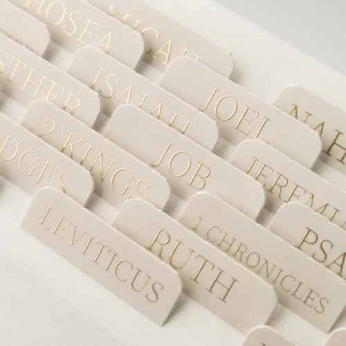 Bible Tabs for Women and Men, 75 Laminated Index Tabs with Embossed Gold Foil Lettering, Durable Neutral Bible Study Tabs for Easy Navigation, Bible Journaling Supplies