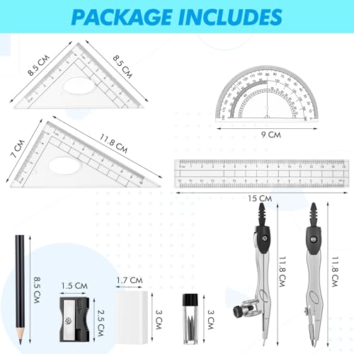 Zonon 10-Piece Math Geometry Set for Students with Compass, Protractor, and Ruler - Black