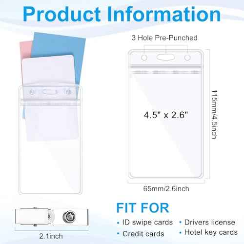 Marspark 200 Sets ID Badge Holder with Metal Badge Clips and PVC Straps Waterproof Sealed Clear Plastic Vertical Name Tag Holder for Name Tag Work Card Drive License Clips Office Car