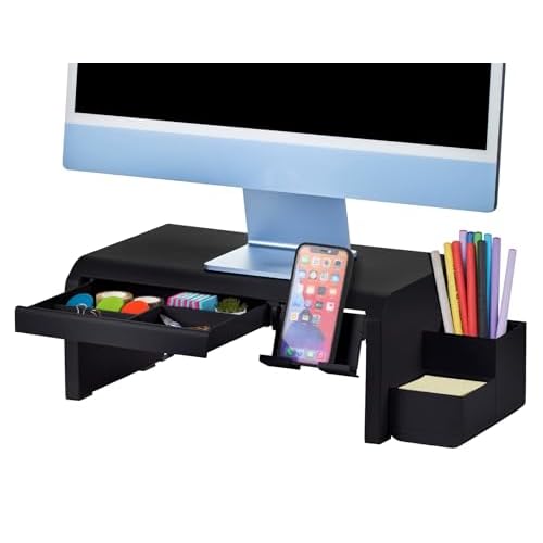Bostitch Konnect Adjustable Monitor Riser with Drawer, Cell Phone Stand & Pencil Holder, Laptop Stand for Desk, 4 Height Levels, Cable Management & Rubber Feet