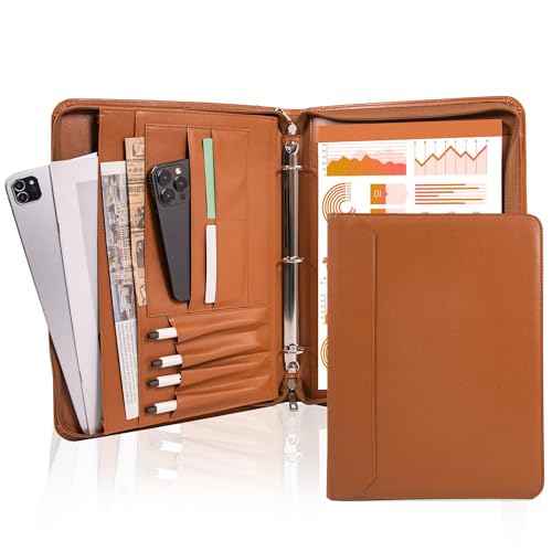AZXCG Zipper Portfolio Padfolio Binder,3-Ring Padfolio for Women and Men,A4/Letter Size,PU Leather with iPad,Professional Organizer for Resume/Interview (Brown)