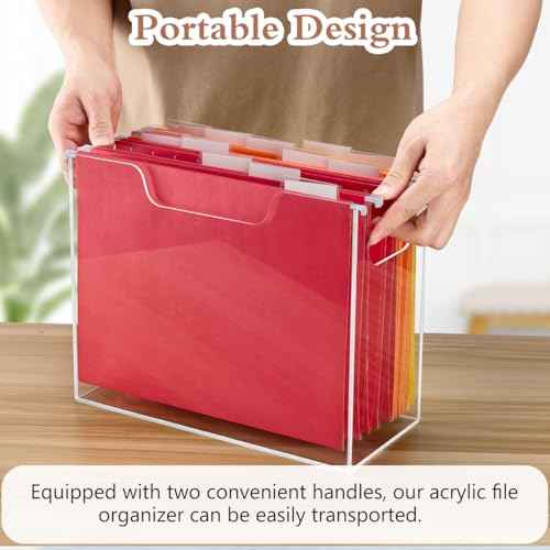Acrylic File Folder Organizer, Clear Hanging File Organizer Portable File Holder with Handles, Desktop Letter Size File Box for Desk Home Office School -1 Pack