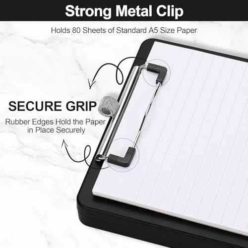 Small Clipboard with Storage, A5 Clipboards with Pen Holder, Half Letter Clip Boards 6x9 Mini Plastic Clipboard with Low Profile Clip for Classroom, School, Office Supplies (Black)