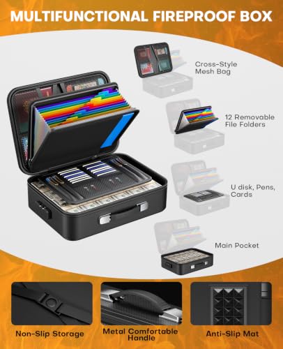 Fieetra Black Fireproof Document Safe Box with Lock, Portable Home Office Organizer