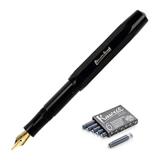 Kaweco Classic Sport Medium Nib Fountain Pen + Pack of 6 Black Ink Cartridges Set (Black)