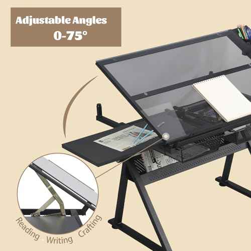 Black Drafting Table w/Stool, Painting Table Art Craft Desk Crafting Table with Tilting Tempered Glass Top, 2 Storage Drawers, Height Adjustable