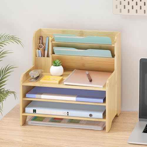 Bamboo Desk Organizer Mail Holder Countertop Letter Tray File Organizer for Desk Letter Sorter Paper File Storage for School Home Office Supplies