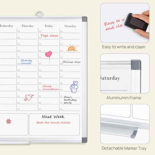 White Board Dry Erase Board for Wall, Magnetic Whiteboard Calendar 24" X 18", Weekly Calendar Whiteboard with Hourly Time Slots, Hanging Double-Sided White Board for Office,School,Home - 1 Pack