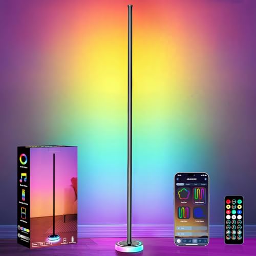 Black Smart RGBICW Floor Lamp with App Control, 16M Colors, Music Sync, Dimmable Ambient Light