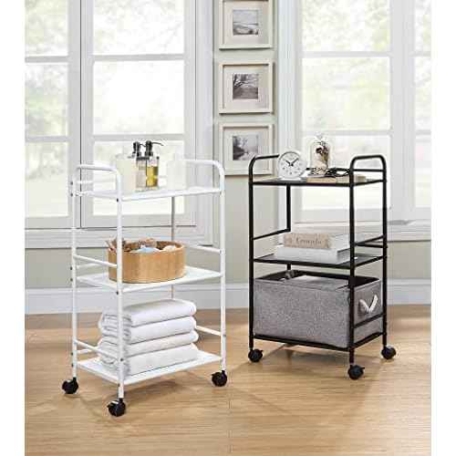 SunnyPoint 3-Tier Rolling Utility Cart ? Metal Storage Organizer with Wheels, Mobile Kitchen Cart, Office & Home Organizer, White, 12" D x 16.92" W x 31.1" H