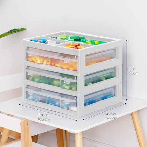 IRIS USA Fits 12" x 12" Paper, 3-Tier Desk Top Storage Unit with Organizer Top, for Office Art & Craft Supplies, Pens Pencils Sticky Notes Paper Clips, 3 Clear Cases w/Built in Handle - White/Clear
