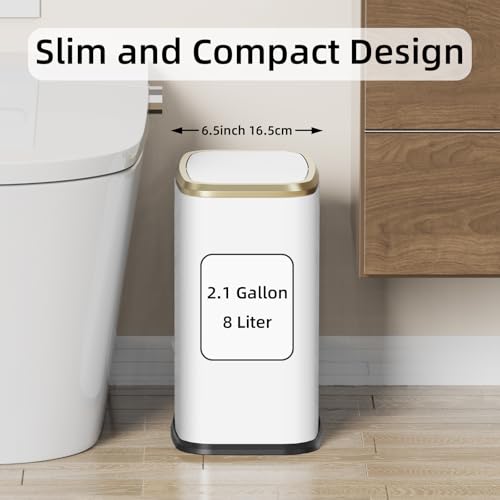White Small Bathroom Trash Can with Lid, Swing-Top Waste Bin, 8L/2.1 Gallon Stainless Steel