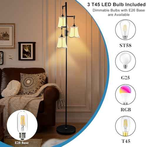 Lightdot 66IN Dimmable Floor Lamp for Living Room, Industrial 3-Light Tree Floor Lamps with LED E26 Bulbs Included, Mid Century Floor Lamp with Fabric Flower Lampshades for Bedroom HOM Office-Black