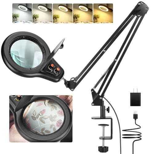 10X Large Magnifying Glass with Light and Clamp, Mechanical Knob Stepless Dimmable, 2*16 Inch Swivel Arm LED Magnifying Desk Lamp with Dust Cover, Stand Lighted Magnifier Hands Free for Crafts