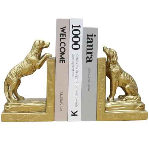 Dog Book Ends for Shelves - Gold Bookends for Heavy Books - Creative Resin Animal Stopper to Decorative Vintage Home Bookshelf Table Office Desk, Figurine Decor Gifts for Book Lover