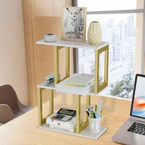 Book Shelf, 3-Tier Desk Shelf for Desktop Organizer, Wood and Metal Desktop Shelf Display Shelf Desk Hutch for Dorm Office Home White with Gold