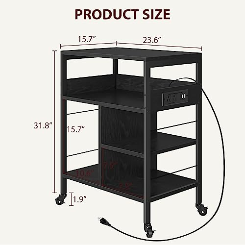 GarveeHome Printer Stand, Large Printer Stand with Wheels, 4 Tier Office Rolling Cart with Charging Station, Mobile Printers Table Paper File Organizer, Tall Printers Table for Home Office,Retro Black