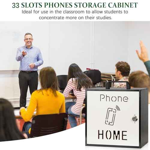 Echaprey Cell Phone Holder Classroom Adjustable 33 Slots Pocket Chart Wooden Cell Phone Storage Cabinet with Handle and Lock Desktop Cell Phone Holder for Classroom Office (Black)