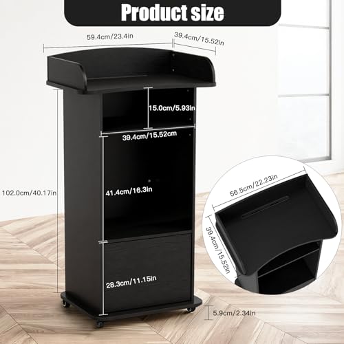 Baoz Podium Stand Portable with Wheels - Black Lectern with 3-Tier Storage, Lockable Cabinet