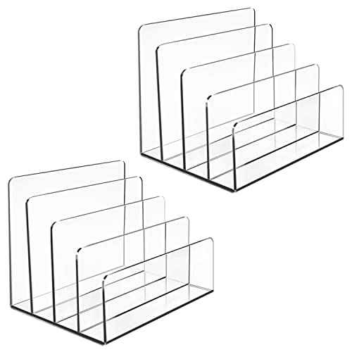 Acrylic Desk File Organizer 2 Pack, 4 Section Letter Organizer, Clear Folder Holder, Desktop File Holder for Document, Notebook and Newspaper, Clear Desk Storage Rack for Home and Office Use
