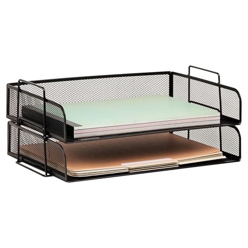 Mind Reader 13.3 x 9.8 Inch Stackable Metal Mesh Paper Trays, Office Desktop Organizer, Black, 2 Pack