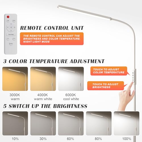 Bright LED Floor Lamps Touch and Remote Dimming for Eyelash Extension Tattoo Manicure Craft Drawing Makeup Living Room Bedroom Office Adjustable Gooseneck Standing Reading Lights esthetician lash lamp