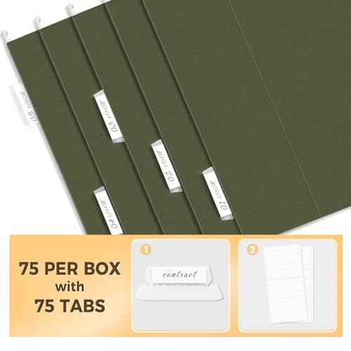 SUNEE Hanging File Folders, 75 Pack Reinforced Hang Folders Letter Size, Adjustable 1/5-Cut Tabs, Designed for Bulky Files, Filing Cabinet, Standard Green