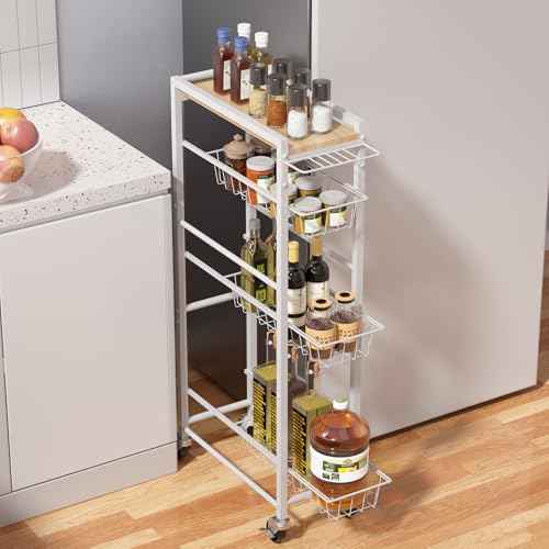 4 Tier Slim Rolling Storage Cart with Pull-Out Baskets, Narrow Sliding Storage Slim Laundry Cart Slim Rolling Kitchen Cart
