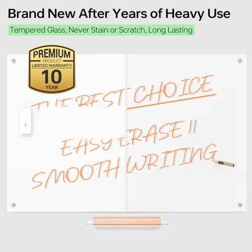 YEOUX Glass Dry Erase Whiteboard - 23x35 Ultra White Non-Magnet White Board for Wall with Wooden Based Floating Glass Marker Tray for Kitchen, Home and Office
