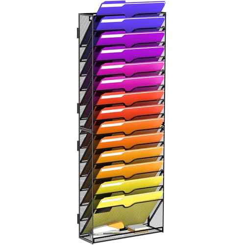 15-Tier Wall File Organizer, Hanging Wall File Holder for Papers, Folders, Magazines, Mesh Mail Holder Magazine Rack for Office Home Classroom, Black