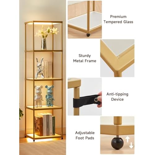 MANBUR Display Shelf with Dimmable LED Floor Lamp, Display Cabinet with Glass Bookcase, Home Decor, Bedroom Decor, Bookshelf with Light, Open Book Shelf with 5-Tier Shelf for Living Room Decor Gold