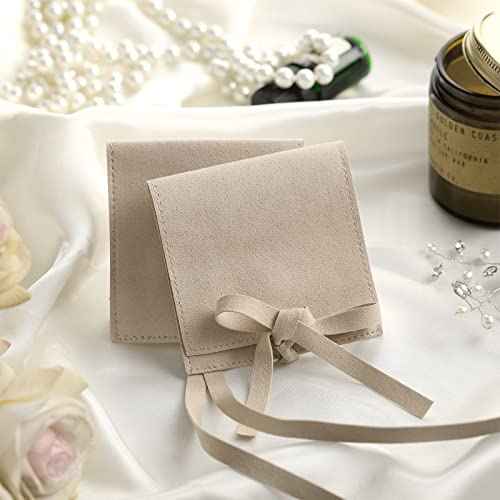 Sotiff 80 Pcs Microfiber Jewelry Pouch 8x8 cm Jewelry Packaging Bag Luxury Small Gift Bag for Small Business Envelope Style Bracelet Packaging Bow Tie Microfiber Pouch with Strings Divider(Khaki)
