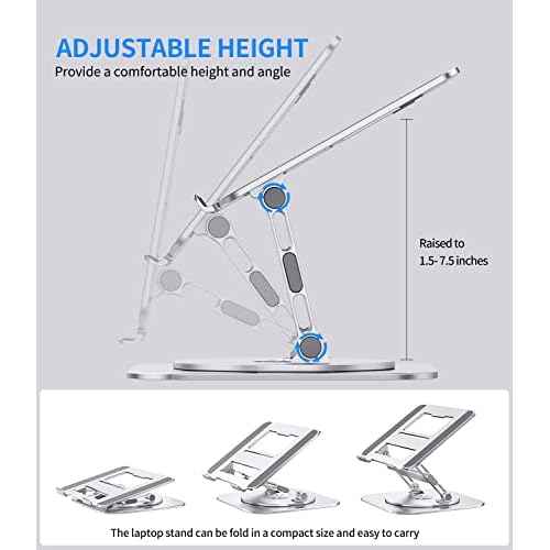 Adjustable Laptop Stand with 360 Rotating Base, Stable Computer Stand for Laptop Ergonimic Foldable Laptop Riser for Desk Compatible with MacBook Pro/Air Notebook up to 16 Inches, Silver