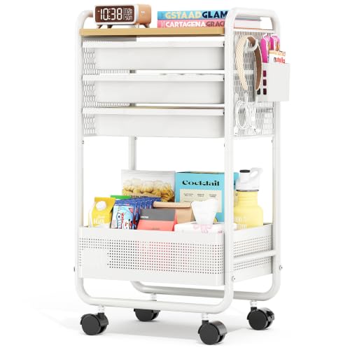 KINGRACK 3-Tier Rolling Cart with Drawer (White) – Metal Utility Storage Cart with Pegboard