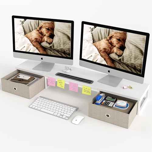 Dual Monitor Stand Riser with 2 Drawers - 39Inch Large Storage Computer Monitor Stands for 2 Monitors, Wooden Desktop Organizer Perfect for Home Office Desk, Computer, Laptop, TV, White