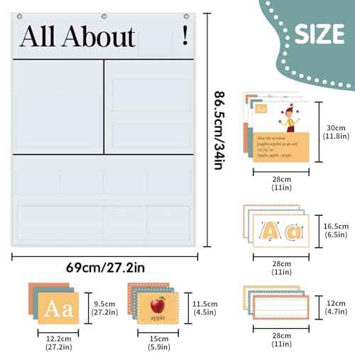 All About Letters Pocket Chart with 99 ABC Flash Cards, Letter of The Day/Week Daypocket Chart, Letter Tracing Learning Educational Wall Chart Preschool Classroom Homes, 34" X 27"White