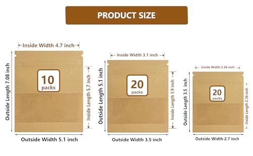 Resealable Kraft Paper Window Bags 3 Sizes Pack of 50 for Seeds, Spices & Storage
