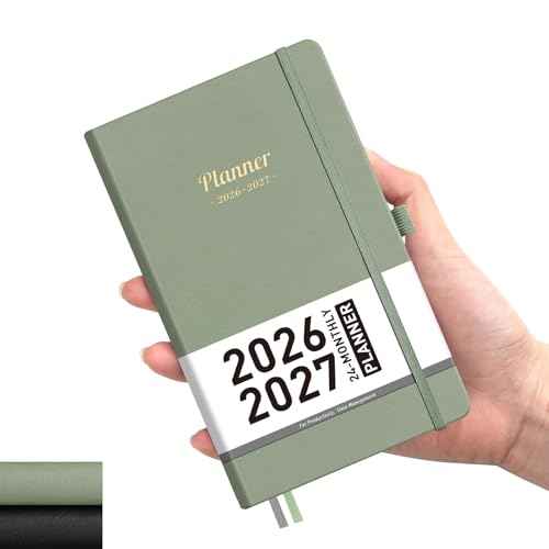 AHGXG Pocket Calendar 2026-2027 for Purse, Monthly Small Planner 2026-2027, Mini Size 3.9" x 6.7", 2 Year Monthly Planner (Jan 2026 - Dec 2027), Leather Hardcover, Sage Green