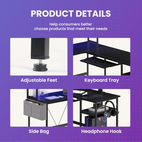 DUMOS 67" L-Shaped Gaming Desk with Reversible Layout and LED Lighting