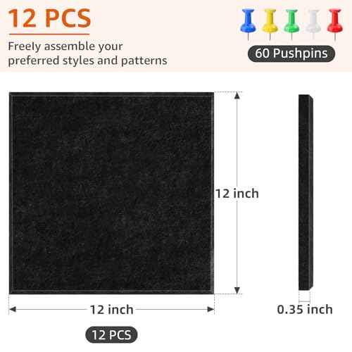 Felt Cork Board for Wall: Extra Large Bulletin Board for Office - 0.35 Inch Thick Corkboard Tiles 12PCS Black Pin Board Squares Adhesive