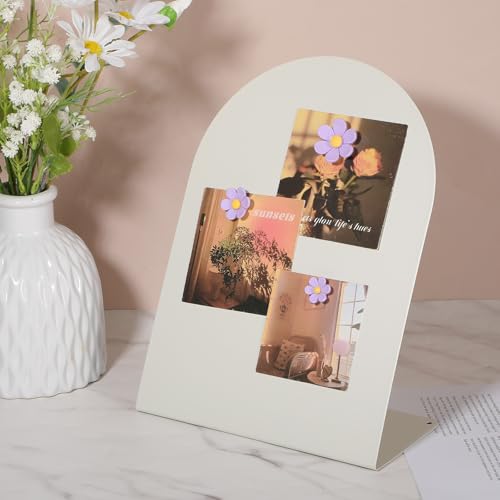 Magnetic Bulletin Board Set with Purple Flower Magnets, 11x7.86 Inch White Metal Memo Display for Home Office Kitchen