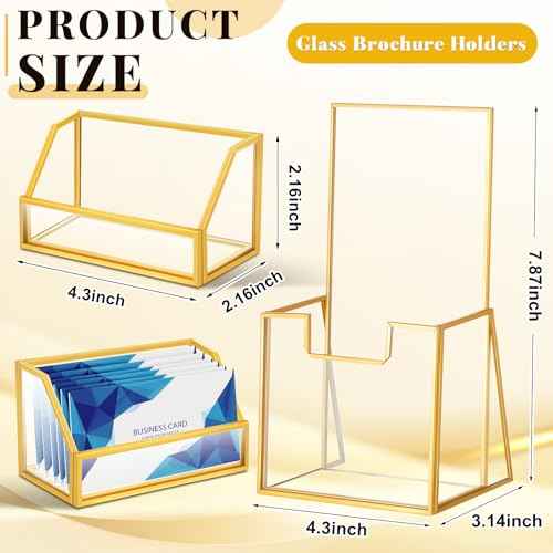 4 Pcs Glass Display Stand Set 2 Gold Glass Brochure Holder Stand 2 Gold Business Card Holder for Office Desktop Countertop Name Card Magazine Literature Journal (4 x 8 '')