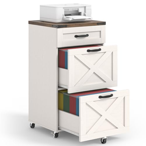 Halitaa 3-Drawer Farmhouse File Cabinet on Wheels - Rustic White, Includes Locking Casters