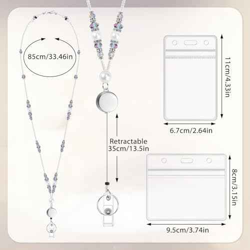 Teacher Lanyards for Id Badges and Keys, Beaded Badge Lanyard with Retractable Reel Cute Lanyards for Women (Purple Blue)
