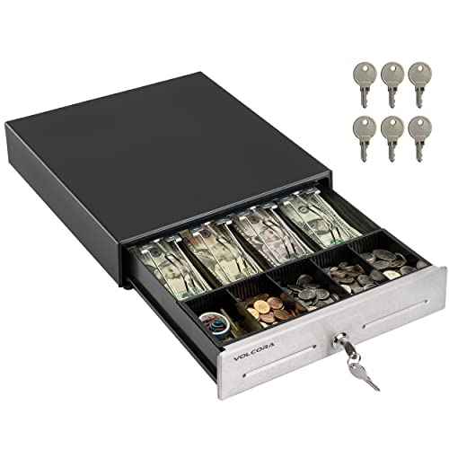 Volcora 13" Cash Register Drawer for Point of Sale (POS) System, 4 Bill 5 Coin Cash Tray, Black and Stainless Steel Front Cash Drawers, Removable Coin Compartment, 24V, RJ11/RJ12 Key-Lock, Media Slot