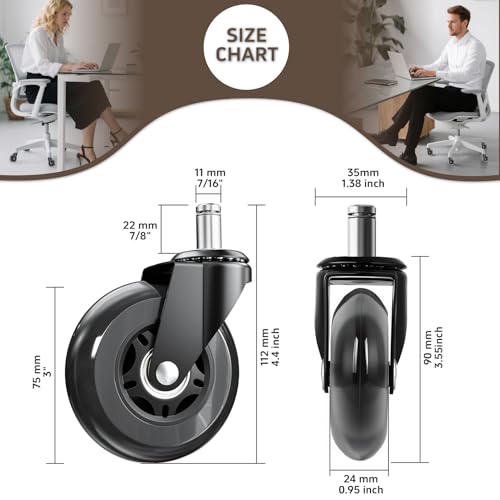 ASHGOOB 3-Inch Office Chair Wheels Set of 5 Black – Heavy Duty Casters, Quiet & Floor-Friendly